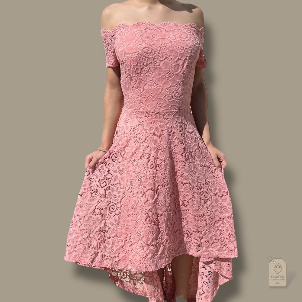 Dressystar Blush Pink Lace Hi-Lo Dress XS Off Shoulder Cocktail Wedding Guest - Picture 2 of 6